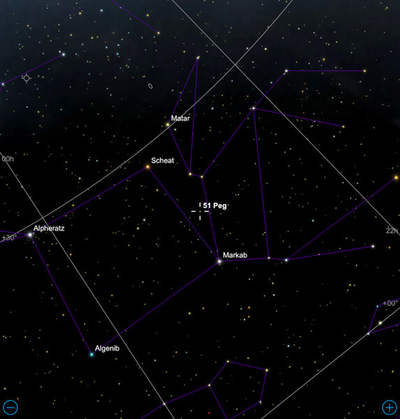 The star 51 Peg is just off the Great Square of Pegasus, which is in the east after sunset for northern hemisphere observers. EarthSky has a finding chart for Pegasus, then you can use this image to find the star. Credit: Sky Safari