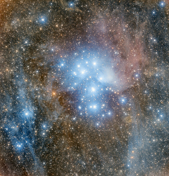 The nearby young stellar open cluster the Pleiades, which happen to be passing through a dense volume interstellar dust. Credit: Adam Block /Steward Observatory/University of Arizona