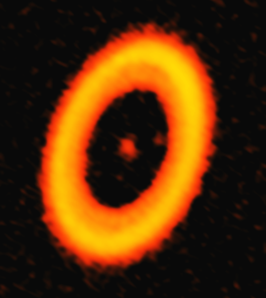 ALMA observation of the star PDS 70 (center) and the huge ring of dust around it. The planets PDS 70b below and to the left of the star) and 70c (to the right) are visible as well. Credit: ALMA (ESO/NAOJ/NRAO); A. Isella