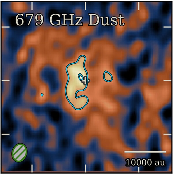 ALMA image of warm dust in Supernova 1987A shows the possible neutron star location (cyan loop) to the right of center of the ring (plus symbol). The scale bar denotes 1.5 trillion km, about 1/6th of a light year. Credit: Cigan et al. 