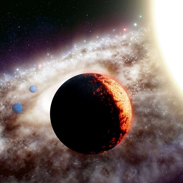 Somewhat fanciful artwork depicting an ancient super-Earth planet orbiting extremely closely to its star. Credit: W. M. Keck Observatory/Adam Makarenko