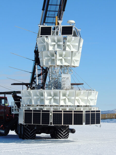 The ANITA experiment consists of a series of antennas designed to hunt for bursts of radio waves emitted when neutrinos interact with Antarctic ice. Credit: Drummermean