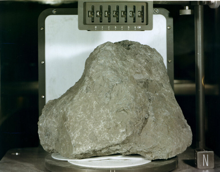Moon rock 14321, roughly the size of an American football, has pieces in it that may be from Earth, and some of the oldest rocks ever found. Credit: Lunar and Planetary Institute