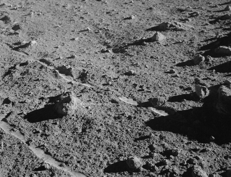Rock 14321 (arrowed) as it was found on the lunar surface by Alan Shepard during the Apollo 14 mission. Credit: NASA