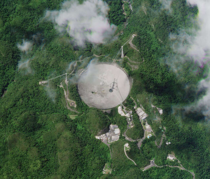 PlanetLabs SkySat satellite image of the Arecibo radio telescope taken on 10 August 2020. The damage can be seen to the left of center of the dish. Credit: PlanetLabs