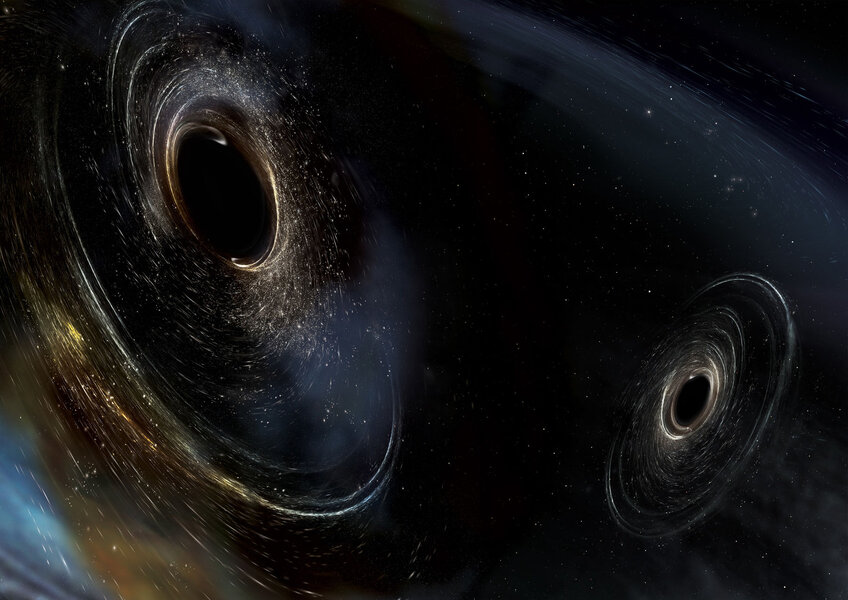 Artwork depicting two black holes orbiting each other. Credit: LIGO/Caltech/MIT/Sonoma State (Aurore Simonnet)
