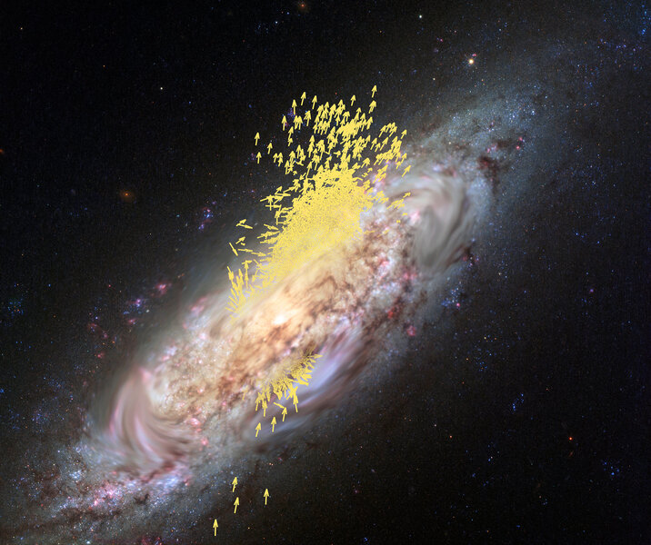 Artwork depicting the stars from Gaia-Enceladus (arrows indicate their velocity) merging with the Milky Way based on actual physical simulations.