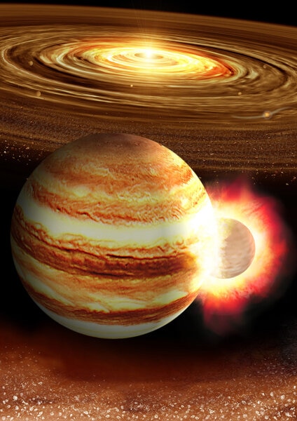 Artwork showing a massive planet impacting the protoJupiter while the solar system was still forming. Credit: K. Suda & Y. Akimoto/Mabuchi Design Office, courtesy of Astrobiology Center, Japan