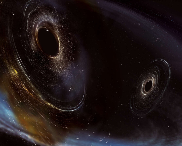 Artwork depicting two black holes orbiting each other, shortly before they merge and blast out gravitational waves. Credit: LIGO/Caltech/MIT/Sonoma State (Aurore Simonnet)