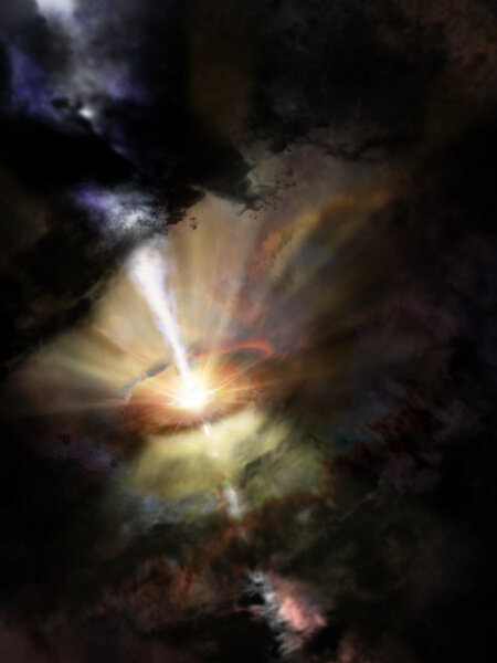 Artwork depicting the innermost part of the central galaxy of the galaxy cluster Abell 2597, where a supermassive black hole and gigantic accretion disk focus jets of material streaming away into space. Credit: NRAO/AUI/NSF; D. Berry