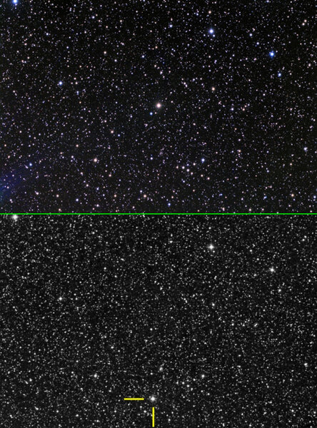 Barnard's Star is so close to the Sun that we can see its motion through space in just a few years. Teh top image shows it in 1950 (centered), and the bottom in 2010 (indicated by yellow lines). Credit: Anthony Ayiomamitis