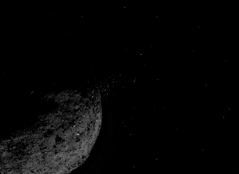 A composite of two images (one short exposure to show the asteroid and a longer one to show the particles) shows a cloud of small rocks the asteroid Bennu has somehow ejected from its surface. Credit: NASA/Goddard/University of Arizona/Lockheed Martin