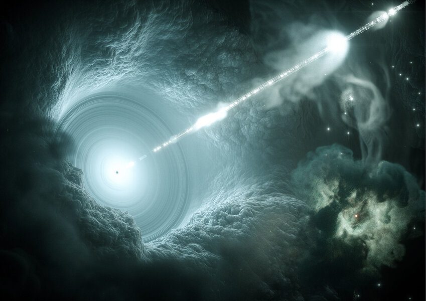Artist drawing of a blazar, a galaxy with a supermassive black hole spewing out energy.  Credit: DESY, Science Communication Lab