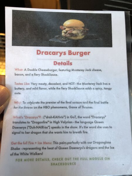 Menu description of the Shake Shack "Dracarys Burger"