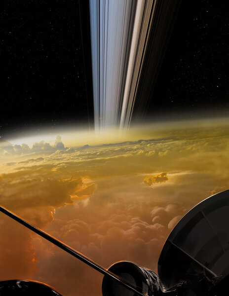 Artwork — yes, ARTWORK — depicting a view “over the shoulder” of the Cassini spacecraft during one of the last dives toward Saturn it made before the end of the mission. Credit: NASA/JPL-Caltech