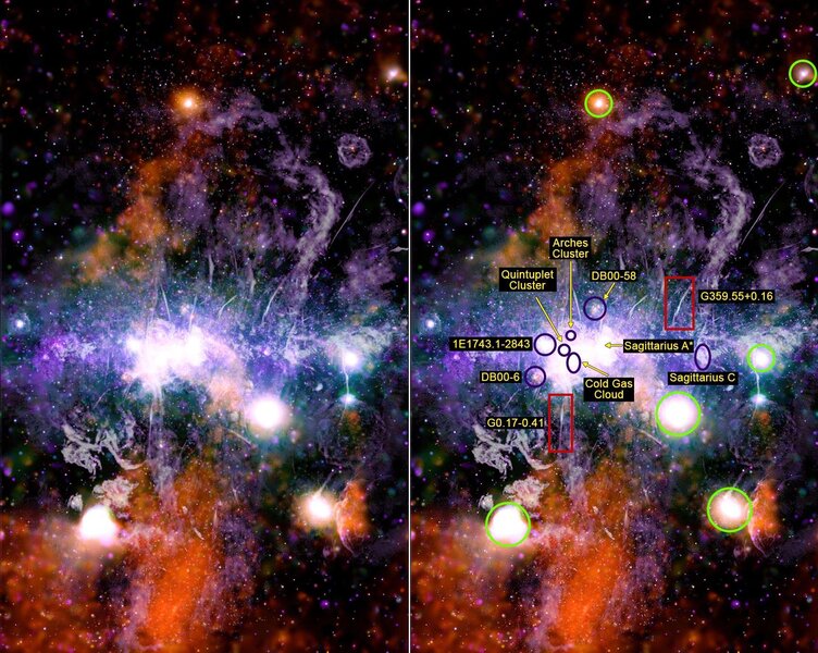 The central part of the galaxy (left) and the same image labeled (right). 