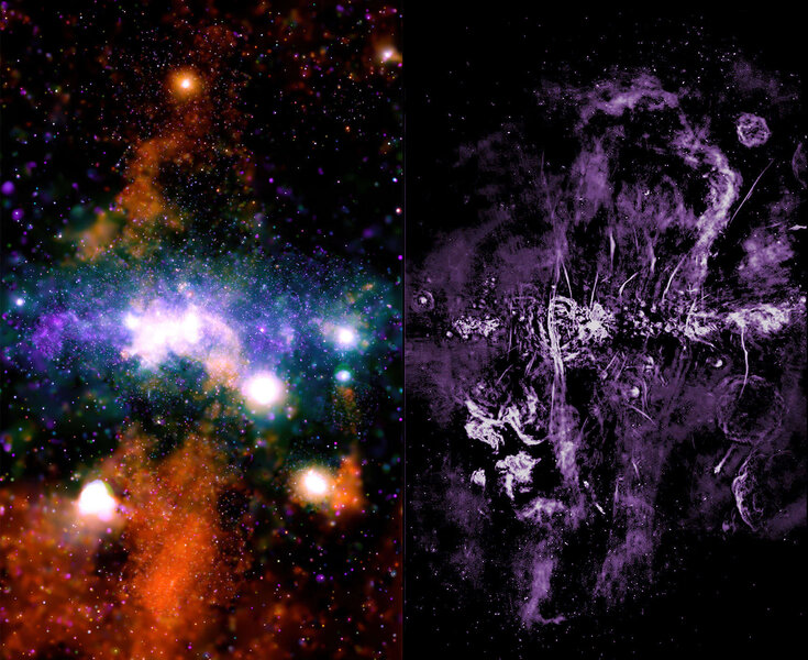 Side-by-side comparions of the X-ray (left) and radio (right) observations of the galactic center. Credit: X-ray: NASA/CXC/UMass/Q.D. Wang; Radio: NRF/SARAO/MeerKAT