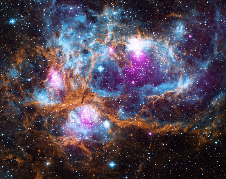 The vast nebula NGC 6357, cranking out thousands of stars in three separate regions. Credit: X-ray: NASA/CXC/PSU/L.Townsley et al; Optical: UKST; Infrared: NASA/JPL-Caltech