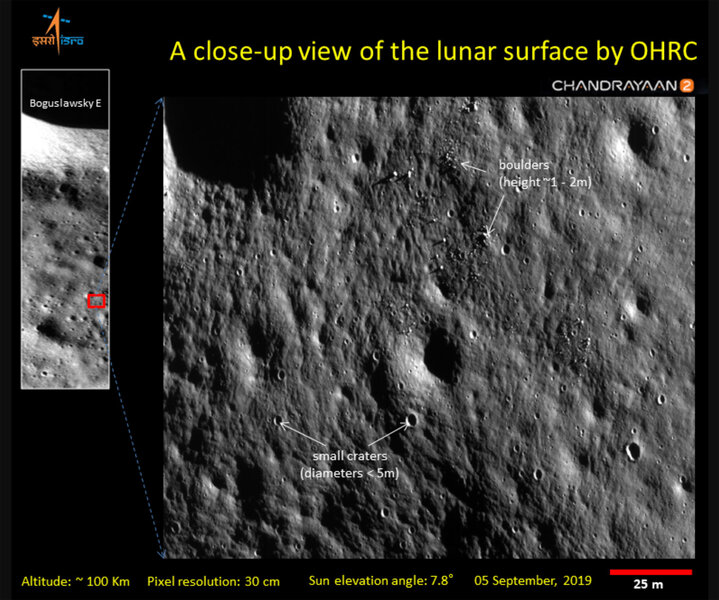 A Chandrayaan-2 image inside the Boguslawsky E crater, showing smaller craters and boulders. The contextual wider-angle view is shown on the left. Credit: ISRO