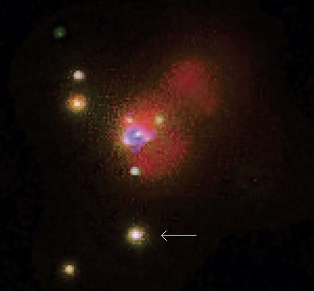 The discovery image of SN1996cr (arrowed) shows X-rays from the Circinus Galaxy. The galaxy’s supermassive black hole is just left of center, and other X-ray emitting systems are visible. Credit: NASA/Penn State/F. Bauer et al.