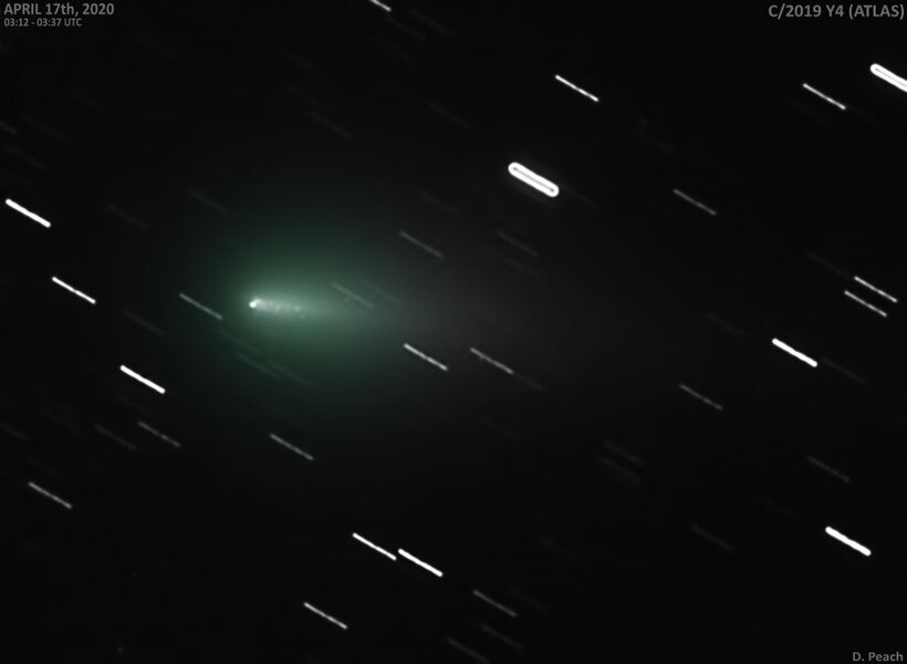 The comet C/2019 Y4 (ATLAS) is disintegrating, as can be seen here in an image taken on 17 April 2020. The image has been processed to bring out details in the comet, which is why the stars look odd.