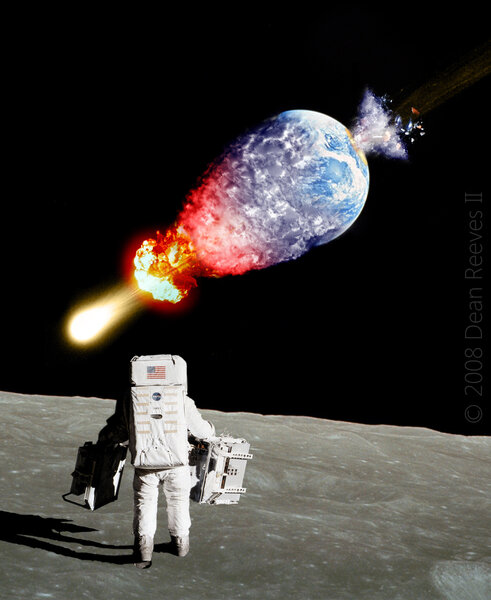 artwork of astronaut on Moon watching Earth destroyed