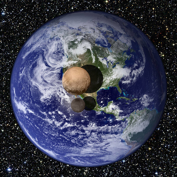 Pluto and its large moon Charon to scale compared to Earth. These are clearly wildly different objects. Credit: NASA