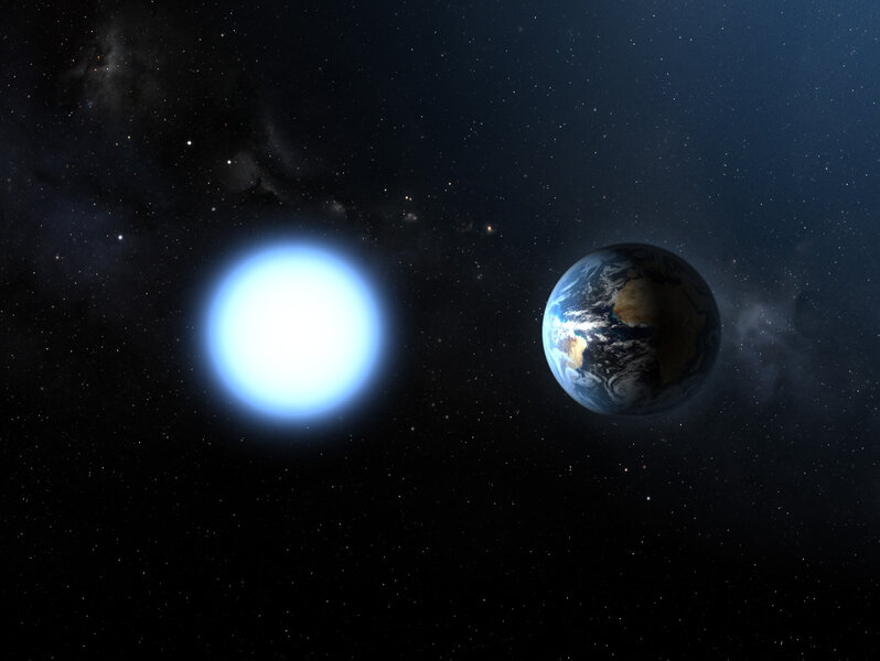 The nearest white dwarf to us, Sirius B, has the mass of the Sun but the size of the Earth. For comparison, the Sun is over 100 times wider than Earth. Credit: ESA and NASA