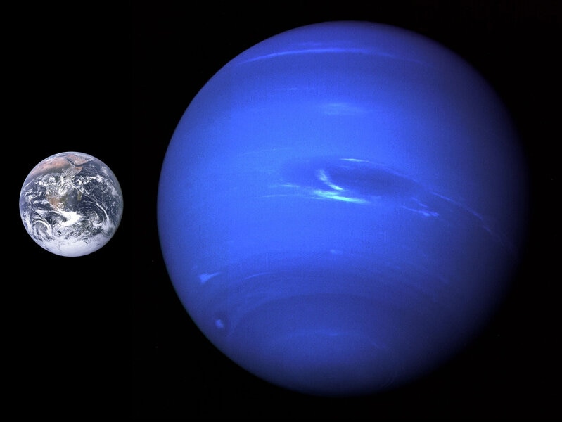 The sizes of Earth and Neptune to scale. There's a decent gap there, but not in most exoplanet systems. Credit: NASA / jcpag2012 at wikimedia