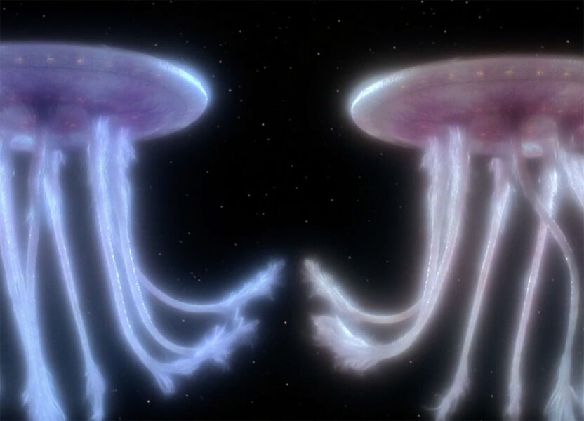 From Star Trek: The Next Generation, “Encounter at Farpoint”, two space jellyfish are happy to see each other. Any resemblance to the active galaxy ESO 137-006 is hopefully coincidental. Credit: CBS