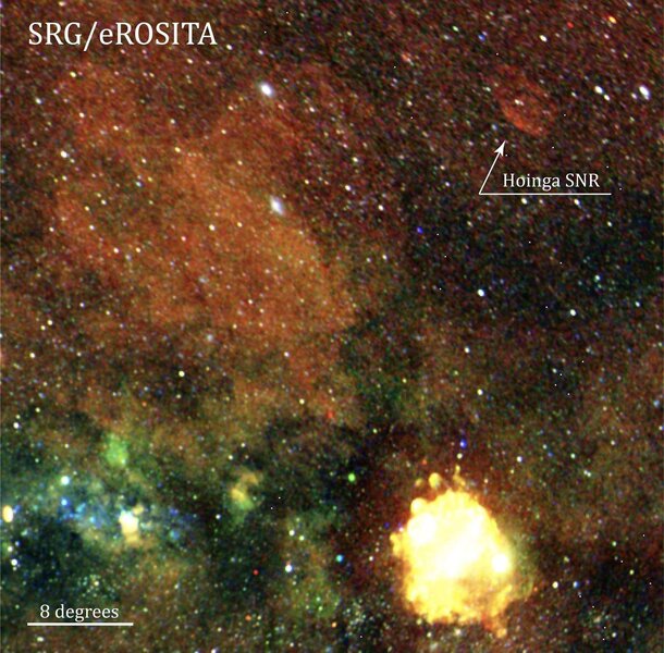The Hoinga supernova remnant (upper right) seen in X-rays (converted to colors representing the energies of the X-rays) by eROSITA. The bright blob at the bottom is actually two supernova remnants: Vela and Puppis A. Credit: SRG/eROSITA