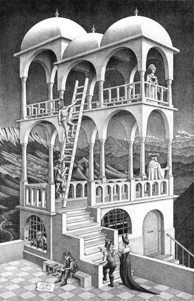 M. C. Escher's iconic "Belvedere", a paradoxical building where perspective is mind-bendingly distorted. Credit: M. C. Escher