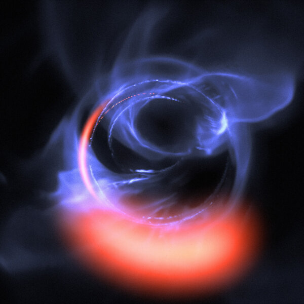 A computer simulation shows the light emitted from dust swirling at 30% the speed of light around a black hole. Incredibly strong gravity affects the path the light takes, creating the warped structure. Credit: ESO/Gravity Consortium/L. Calçada
