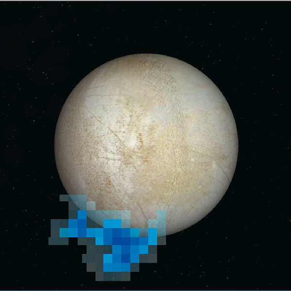 An image of Europa with the observations from Hubble superposed, showing where ultraviolet light was seen. Credit: NASA/ESA/L. Roth (Southwest Research Institute and University of Cologne, Germany)