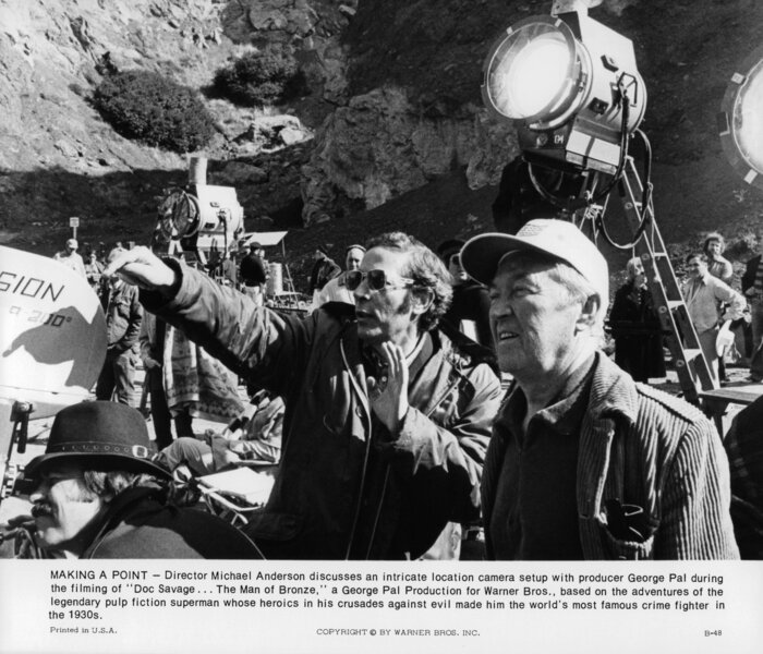 George Pal and Michael Anderson on the set of Doc Savage: The Man of Bronze