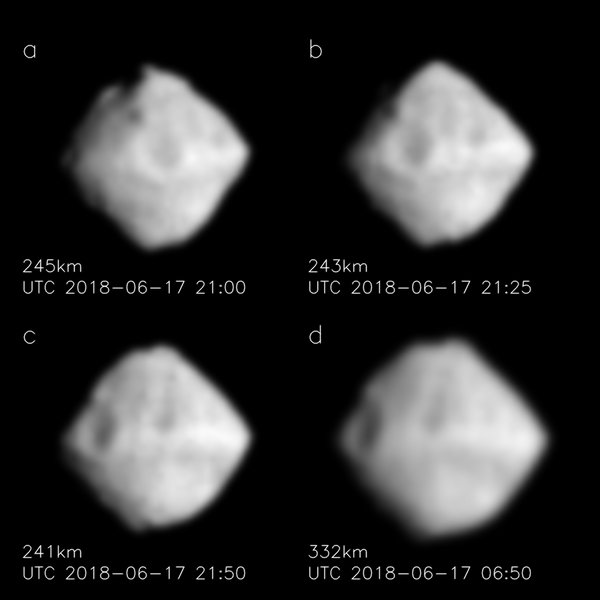 Four images of Ryugu from Hayabusa show the asteroid's rotation. The subimages are arrenged in order of rotation, not time (the last image was taken first), and scaled to be the same size. Credit: JAXA