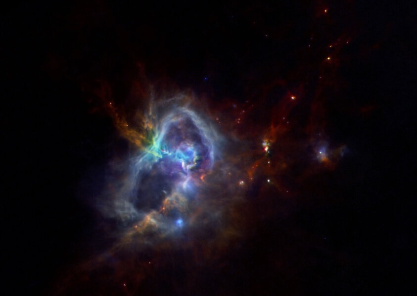 Stellar nursery Westerhout 40 imaged in the infrared by the Herschel space-based observatory.