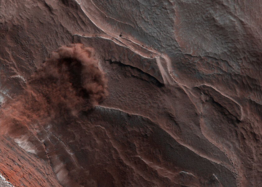 An avalanche falling down a 500-meter high cliff face on Mars caught in the act by the HiRISE camera on MRO in May 2019. Credit: NASA/JPL/University of Arizona