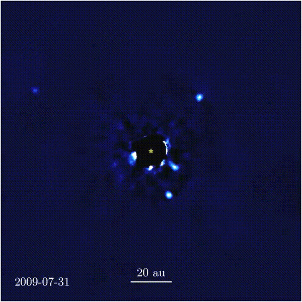Images taken of the four-exoplanet system orbiting the star HR 8799 put together in an animation showing their orbital motion. Credit: Jason Wang, et al.