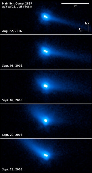 Images of the comet P/2006 VW139 using Hubble show it to be a binary pair of objects.Credit: NASA, ESA, and J. Agarwal (Max Planck Institute for Solar System Research)
