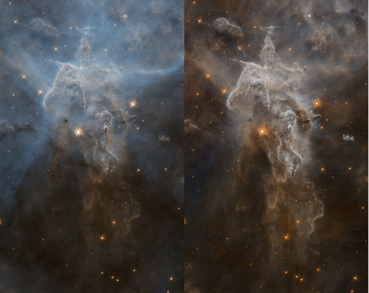 A side-by-side comparison of images by Hubble of a star-forming nebula in Carina showing what it looks like before (left) and after (right) subtracting off an image taken in the light of oxygen, which pervades the nebula like fog.