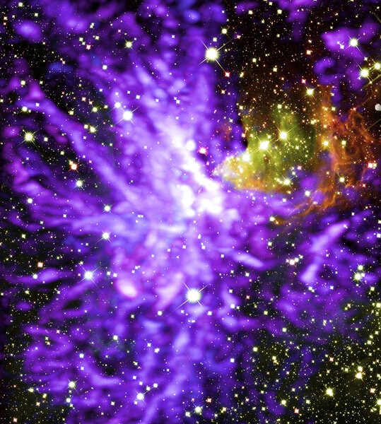 Stars and gas seen by Hubble (red and yellow) together with long filaments of cold gas by ALMA  (purple) start to show a complete picture of star formation. Credit: ALMA (ESO/NAOJ/NRAO), Y. Cheng et al.; NRAO/AUI/NSF, S. Dagnello; NASA/ESA Hubble.