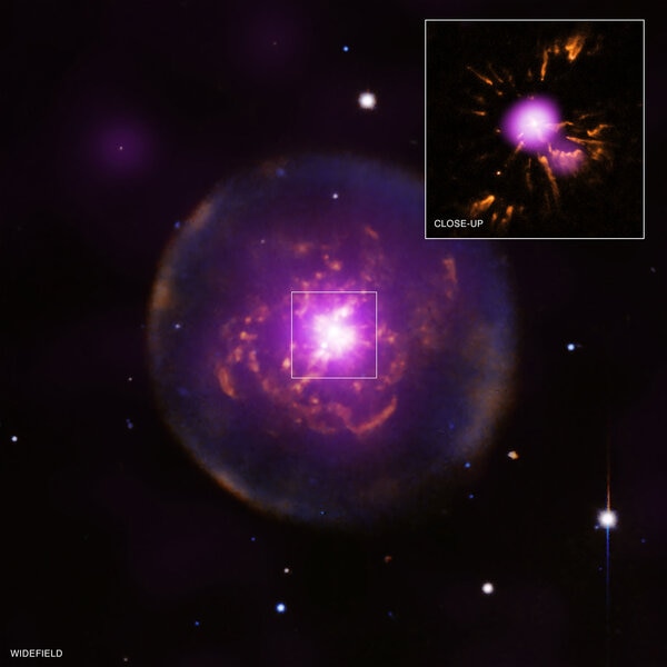 Abell 30 is a planetary nebula where the central star has blasted out a last gasp of energy, also expelling high-velocity gas. See text for details. 