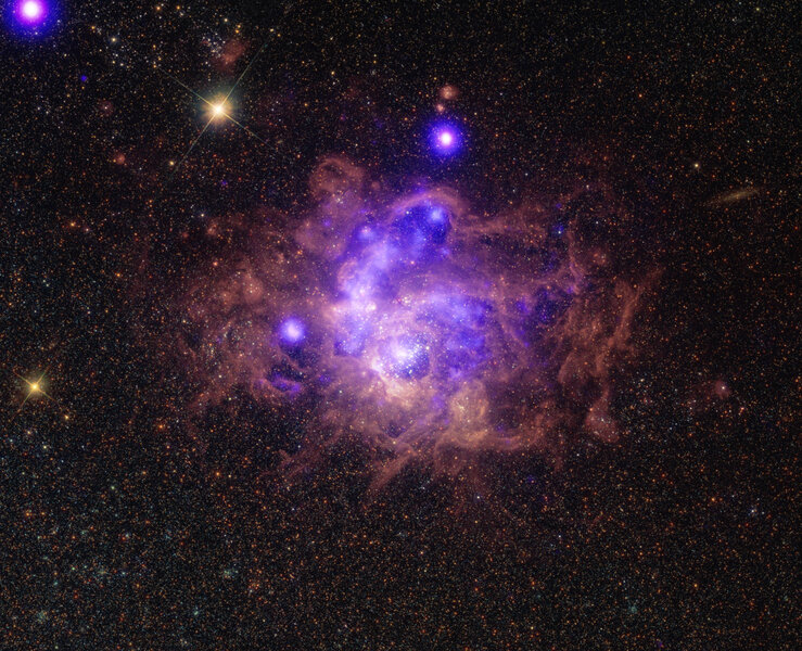 NGC 604 seen by Hubble in visible light (red/green/blue) with X-rays (purple) from the Chandra X-ray Observatory.