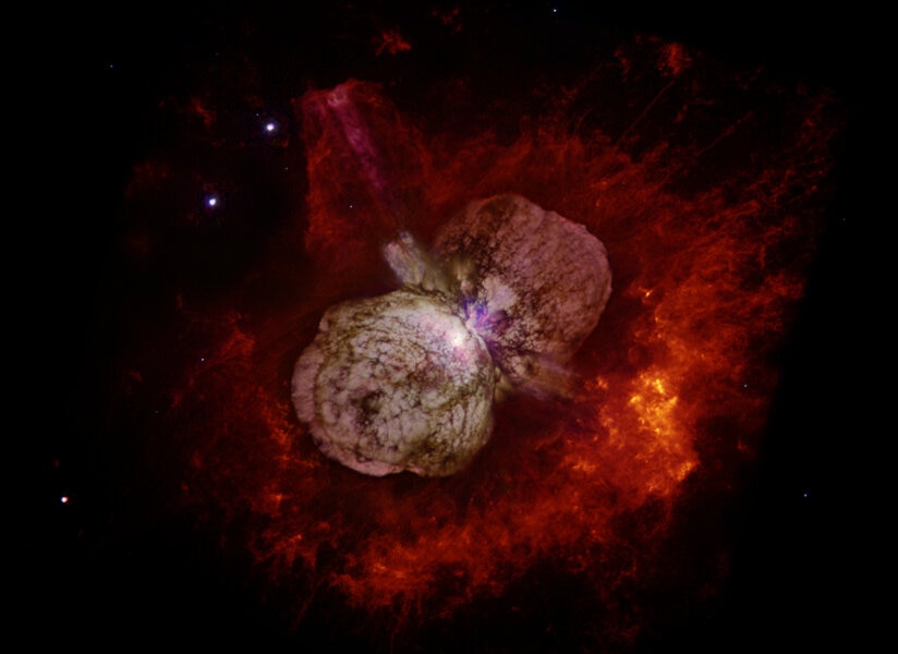 Eta Carinae, a very massive star 7,500 light years away, underwent a huge explosive event that ejected two lobes of gas outward at high speed. Credit: NASA, ESA and the Hubble SM4 ERO Team
