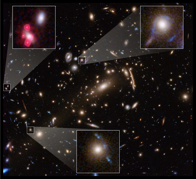 The galaxy cluster MACS J1206 is littered with gravitational lenses, including, surprisingly, from some individual galaxies in the cluster (indicated).