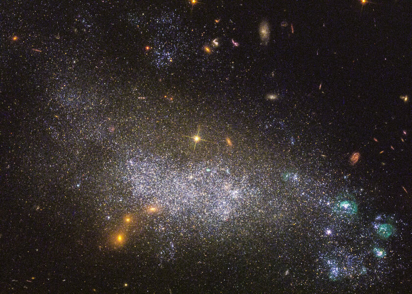 UGC 5340 is an irregular galaxy that may be distorted due to a close encounter with another galaxy, or the product of a merger after a collision. Credit: NASA, ESA, and the LEGUS team