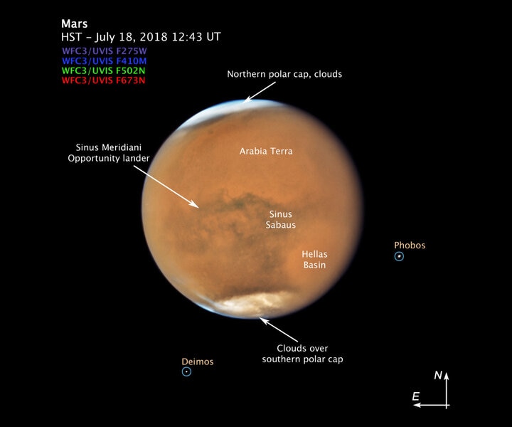 Features on Mars and its two moons, labeled for your convenience. Credit: NASA, ESA, and STScI
