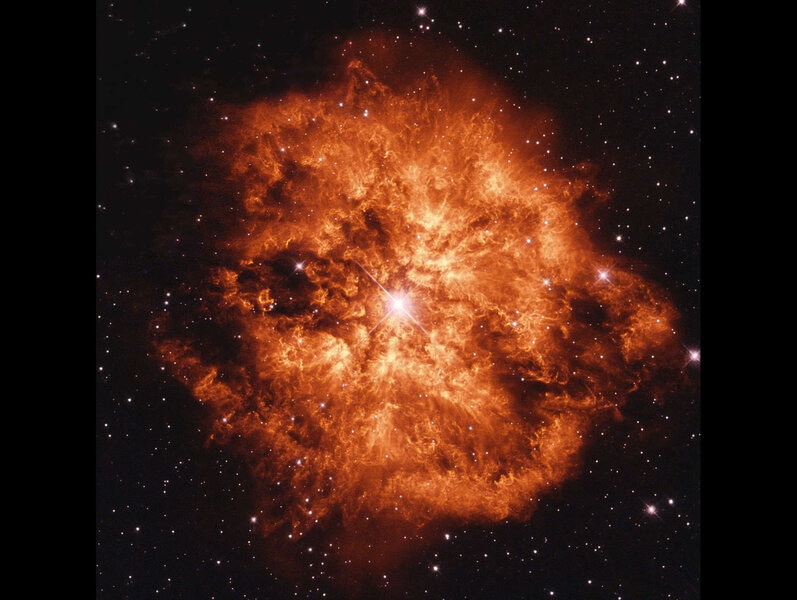 The huge nebula M1-67 around the Wolf-Rayet star WR124 — a massive star that blew this gas violently into space. Credit: ESA/Hubble & NASA / Judy Schmidt