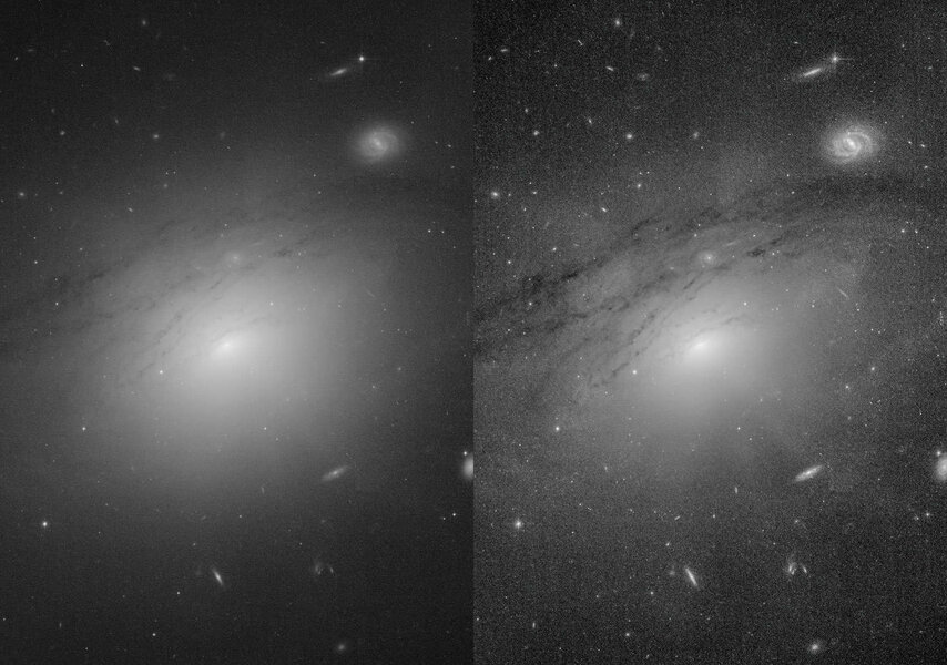 A side-by-side view of a cleaned version of the galaxy IC 5063 (left) with one processed to bring out the detail of the dark rays (right). Credit: NASA, ESA, STScI, Judy Schmidt